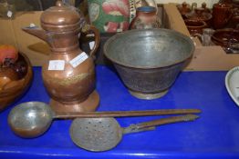 COPPER JUG, TWO FURTHER COPPER IMPLEMENTS AND AN ISLAMIC BOWL WITH CHASED COPPER DESIGN
