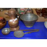 COPPER JUG, TWO FURTHER COPPER IMPLEMENTS AND AN ISLAMIC BOWL WITH CHASED COPPER DESIGN