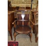 LOW ELBOW CHAIR WITH CARVED DECORATION, HEIGHT APPROX 83CM