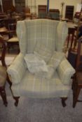 MAHOGANY FRAMED FIRESIDE CHAIR WITH LATER UPHOLSTERY, APPROX 81CM WIDTH MAX