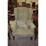 MAHOGANY FRAMED FIRESIDE CHAIR WITH LATER UPHOLSTERY, APPROX 81CM WIDTH MAX