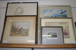 HUNTING PRINTS, FISHING FLEET SCENE, SIGNED ARNOLD, AND WOOL WORK PICTURE ETC