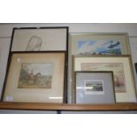 HUNTING PRINTS, FISHING FLEET SCENE, SIGNED ARNOLD, AND WOOL WORK PICTURE ETC