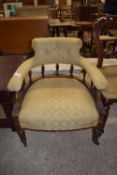 BUTTON BACK UPHOLSTERED ELBOW CHAIR WITH CARVED DECORATION, WIDTH APPROX 64CM MAX