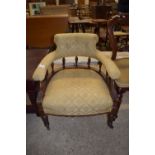 BUTTON BACK UPHOLSTERED ELBOW CHAIR WITH CARVED DECORATION, WIDTH APPROX 64CM MAX