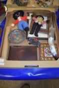 BOX CONTAINING PICTURE FRAMES, TWO SMALL DOLLS AND A BRASS BOWL