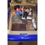 BOX CONTAINING PICTURE FRAMES, TWO SMALL DOLLS AND A BRASS BOWL