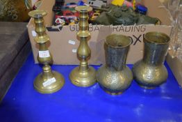 PAIR OF BRASS CANDLESTICKS AND BRASS VASES