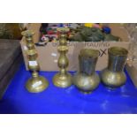 PAIR OF BRASS CANDLESTICKS AND BRASS VASES