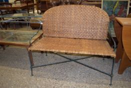 GOOD QUALITY ARTS & CRAFTS STYLE METAL FRAMED CANE SEATED GARDEN BENCH, LENGTH APPROX 106CM