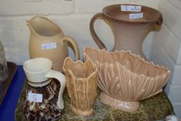 TRAY CONTAINING POTTERY WARES INCLUDING AGATE STYLE JUG, LARGE POTTERY JUGS AND FLOWER VASE ETC