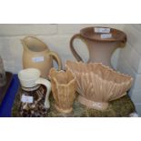TRAY CONTAINING POTTERY WARES INCLUDING AGATE STYLE JUG, LARGE POTTERY JUGS AND FLOWER VASE ETC