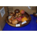 WOODEN FRUIT BOWL CONTAINING WOODEN CARVED FRUIT, APPLES, GRAPES ETC