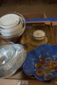TRAY CONTAINING FLORAL DECORATED BOWL AND VARIOUS GLASS BOWLS ETC