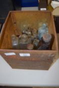 TIN BOX CONTAINING VINTAGE GLASS BOTTLES