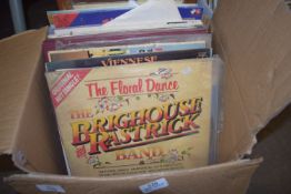 BOX CONTAINING VINTAGE RECORDS, HANS ANDERSEN, JIM REEVES ETC AND A MIRROR