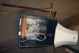 BOX CONTAINING A MODERN TABLE LAMP, WALKING STICKS, LEADS ETC