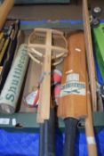 TRAY CONTAINING VINTAGE SPORTING EQUIPMENT TO INCLUDE CRICKET BAT ETC