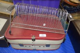 MID-20TH CENTURY FIDELITY CREAM AND RED CASED RECORD PLAYER AND A METAL CHROME WIRE RECORD HOLDER