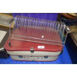 MID-20TH CENTURY FIDELITY CREAM AND RED CASED RECORD PLAYER AND A METAL CHROME WIRE RECORD HOLDER