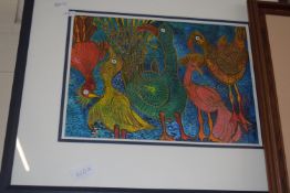 FRAMED WATERCOLOUR AND PEN PICTURE OF PEACOCKS (FRAME A/F), 57 X 48CM