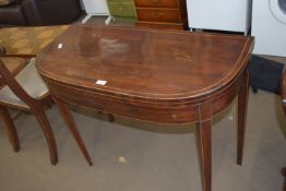 LATE 19TH CENTURY INLAID DEMI-LUNE TEA TABLE ON TAPERING SUPPORTS, 92CM WIDE
