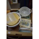 TRAY CONTAINING KITCHENWARES TO INCLUDE PLACE MATS, CUTLERY, MIXING BOWL ETC