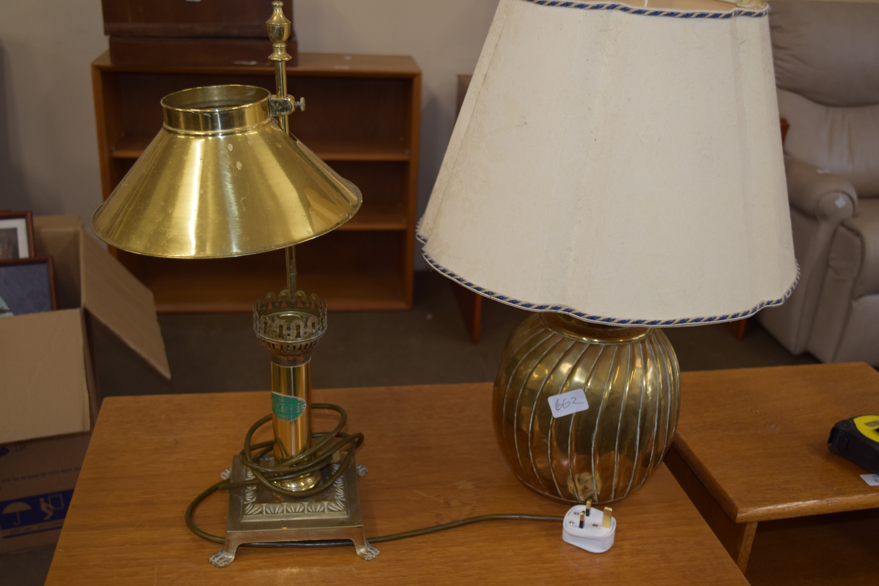 TWO BRASS TABLE TOP LAMPS, ONE WITH PARIS ORIENT EXPRESS ISTANBUL BADGE TO FRONT