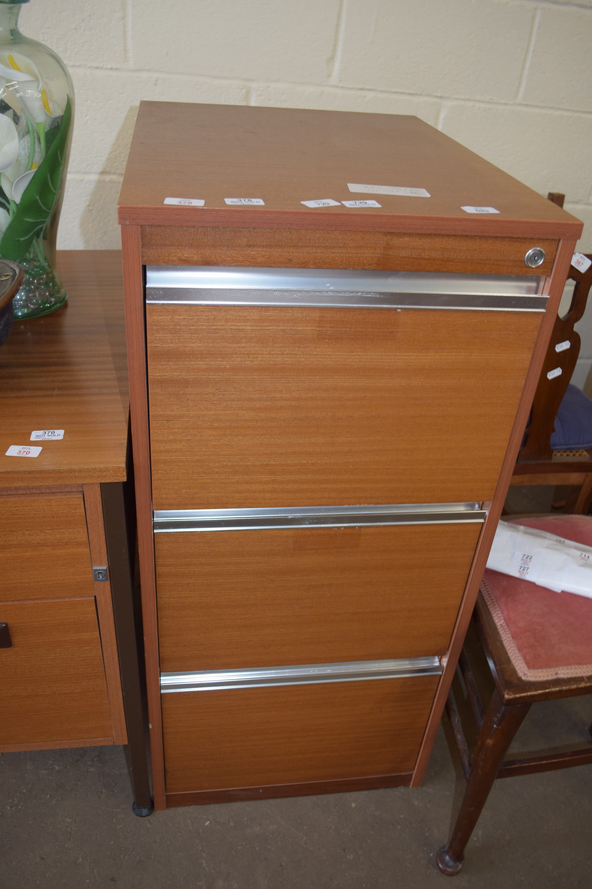 TEAK EFFECT THREE DRAWER FILING CABINET, WIDTH APPROX 48CM MAX