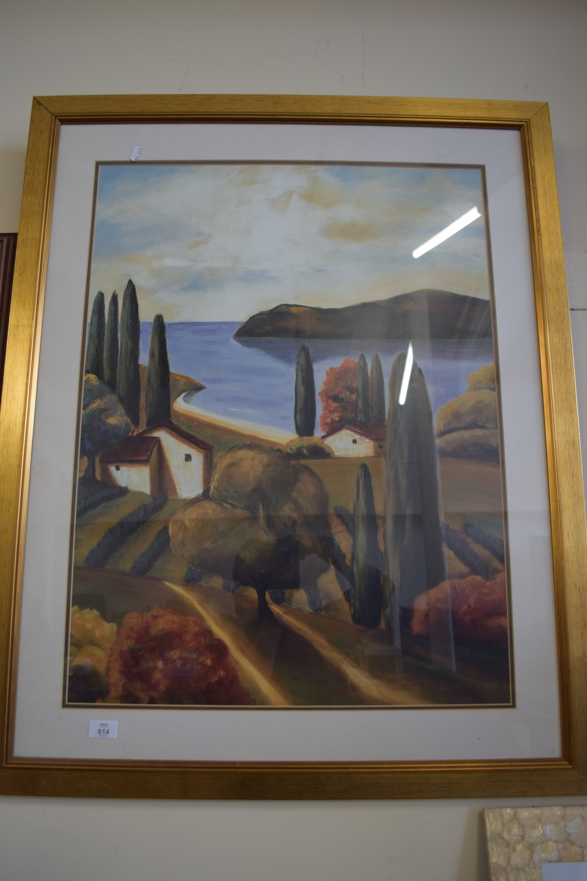 LARGE GILT FRAMED PRINT OF A RURAL VILLAGE HARBOUR, 103 X 82CM