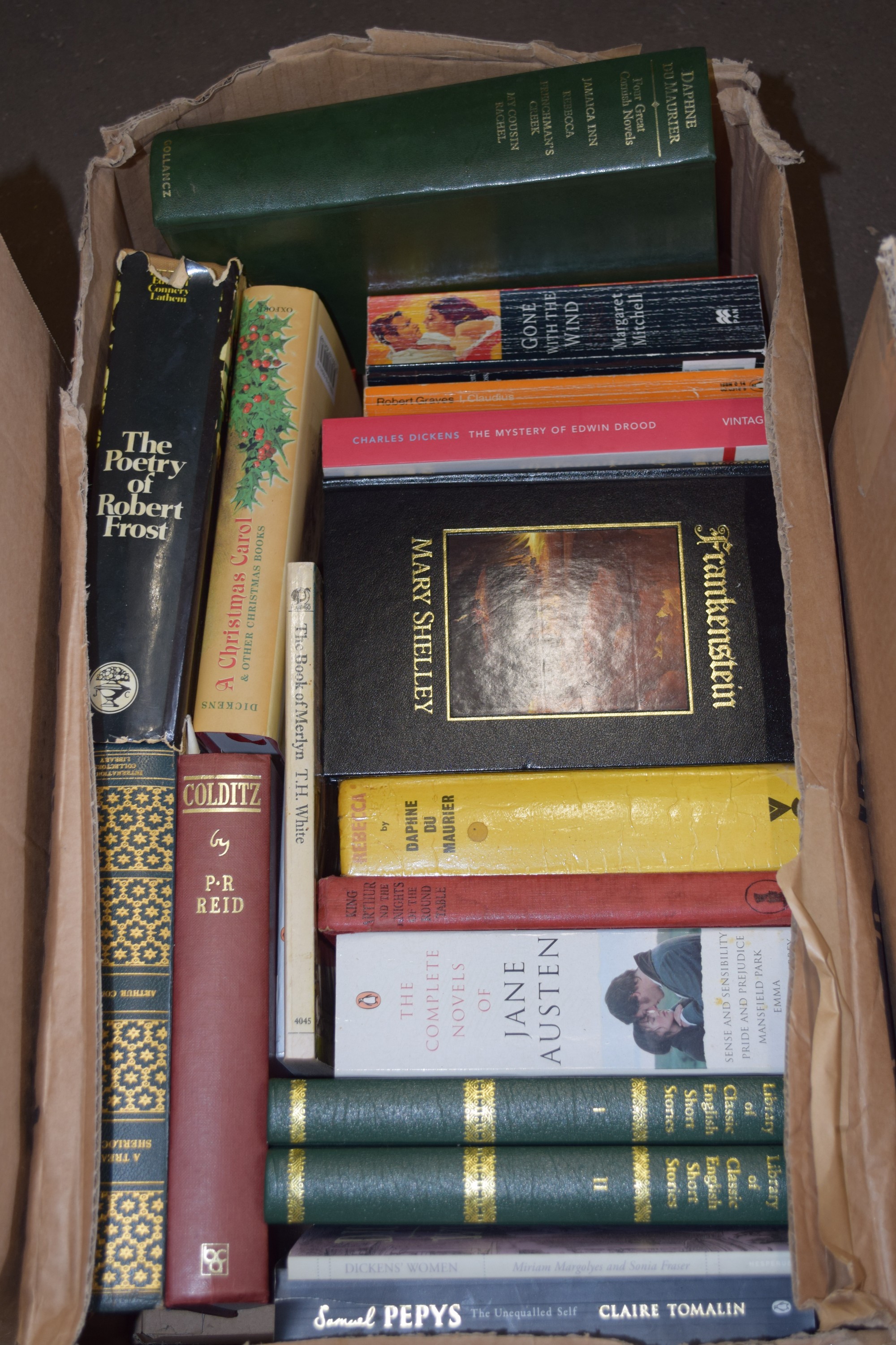 BOX OF MIXED BOOKS - THE POETRY OF ROBERT FROST, COLDITZ, COMPLETE NOVELS OF JANE AUSTEN ETC