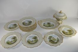 19th century English porcelain part dinner set, the centres decorated with prints of travellers