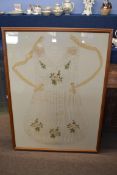 Framed 19th century maid's apron, the silk embroidered with flowers, in wooden frame