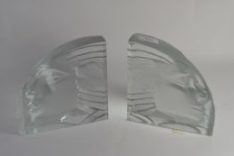 Two Cristal de Sevres glass bookends with ladies faces, 19cm high (2)