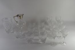 Set of cut glass tumblers together with wine glasses, small cut glass vase and jug and further cut