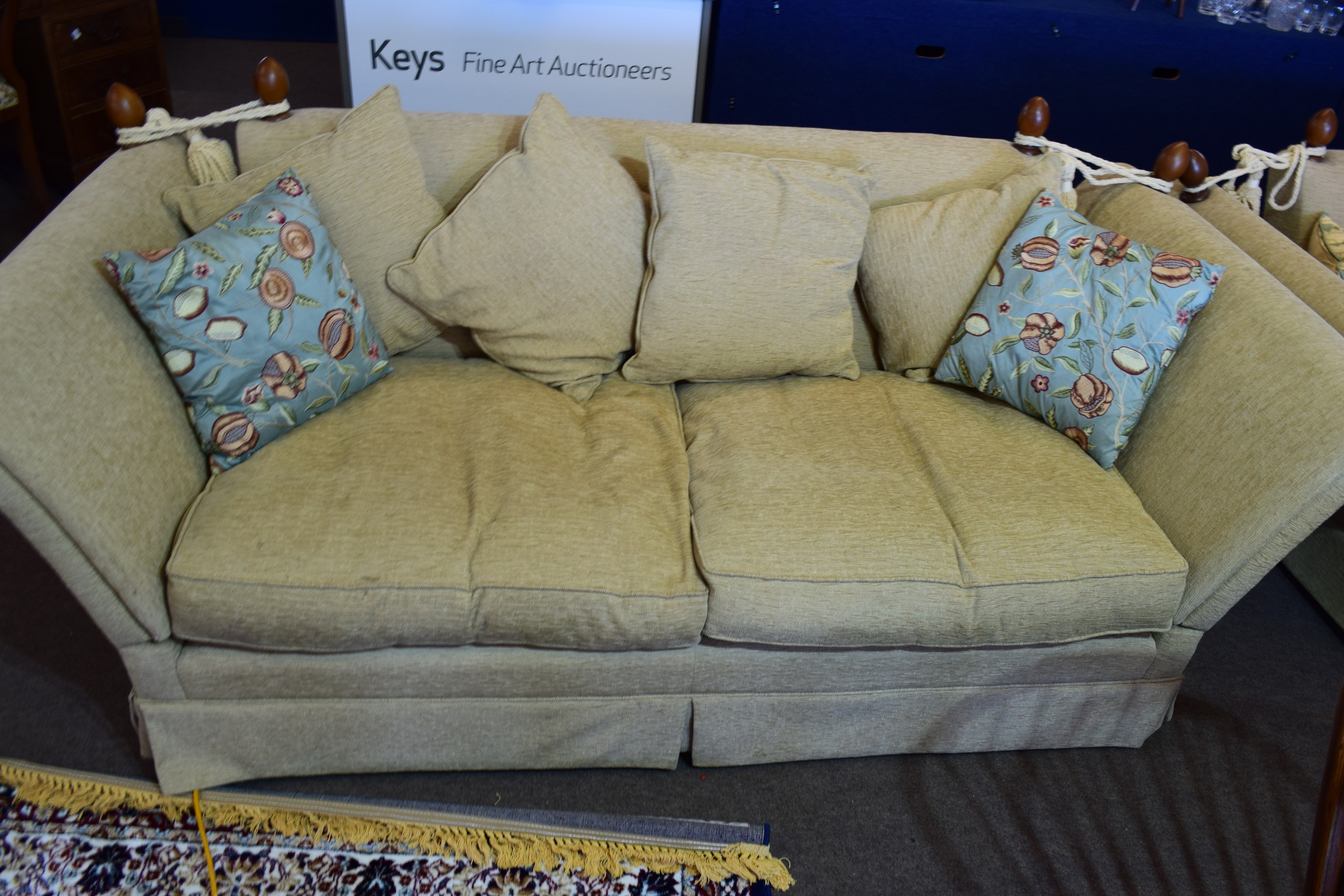 20th century Knole style two/three seater settee upholstered in beige fabric, having rope tied - Image 2 of 2