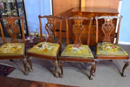 Set of 5 Chippendale style mahogany dining chairs, elaborate pierced splat backs, old tapestry