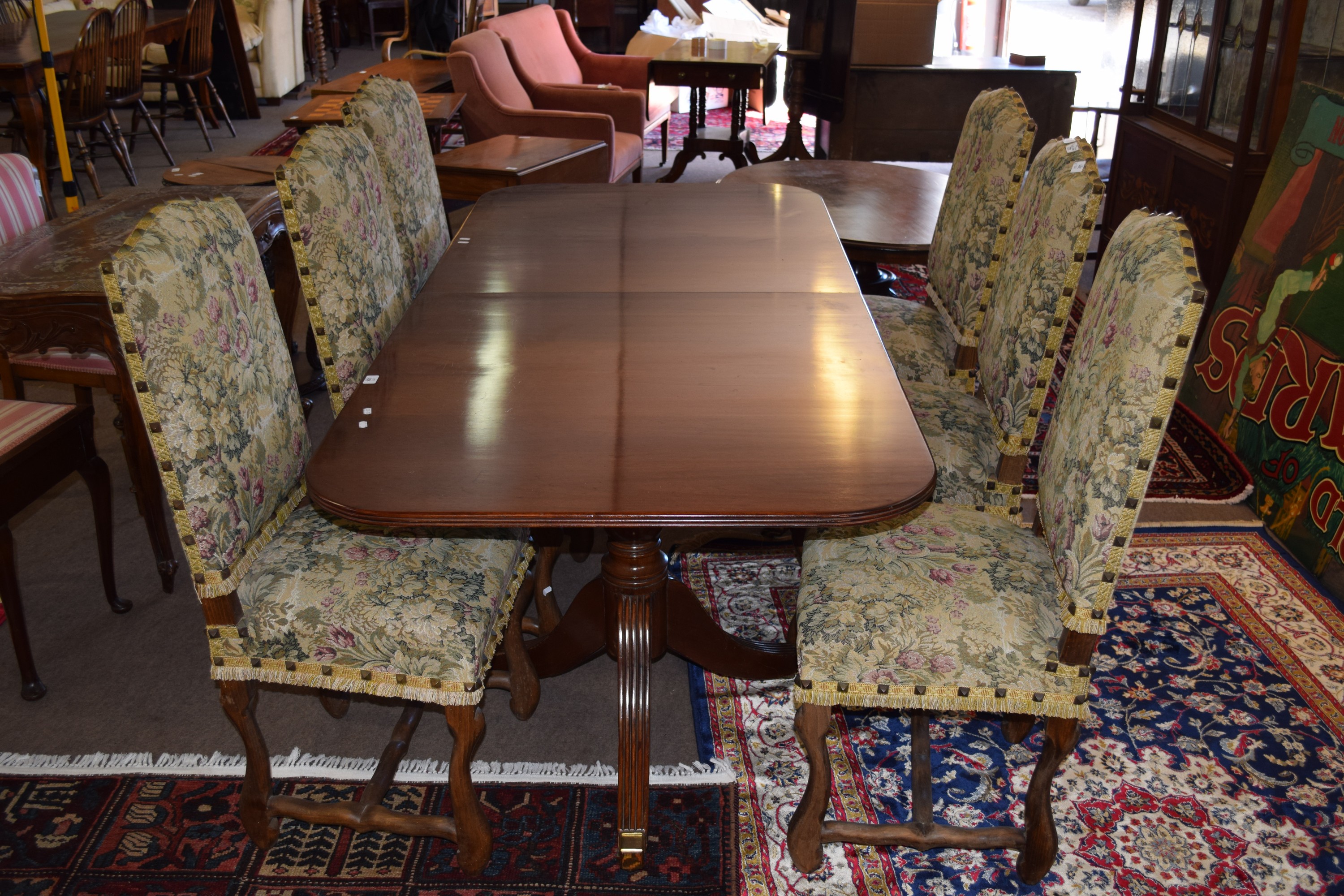 Set of six French style hardwood framed dining chairs, the backs and seats upholstered in floral