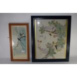 Oriental watercolour of birds in branches with inscription in black wooden frame, together with a