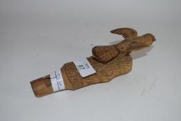 Continental wooden carved whistle with bird on top and beak opening mechanism, marked "Geneva" and