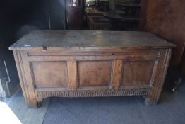 18th century oak coffer of typical panelled form, raised on stile feet, approx 136 x 58cm
