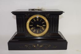 French slate Mantel Clock, with black dial surrounded by gilt ring & inset decoration,