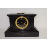 French slate Mantel Clock, with black dial surrounded by gilt ring & inset decoration,