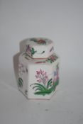 Small hand-painted hexagonal Tea Canister, with Oriental style decoration