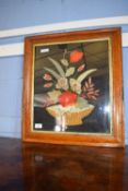 Maple framed embroidery depicting basket of flowers, approx 51 x 57cm