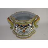 Large French faience jardiniere, decorated in typical fashion with factory marks to base, 25cm diam