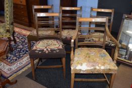 Set of upholstered Edwardian dining chairs with inlaid decoration, each height approx 89cm