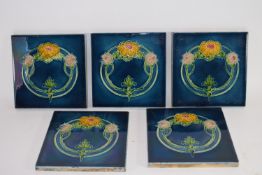 Group of Art Nouveau floral design Tiles, 15cm diam (5)