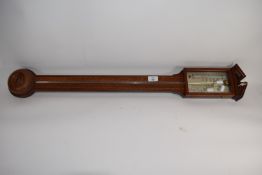 Stick barometer and temperature gauge in typical light oak frame with inlaid stringing