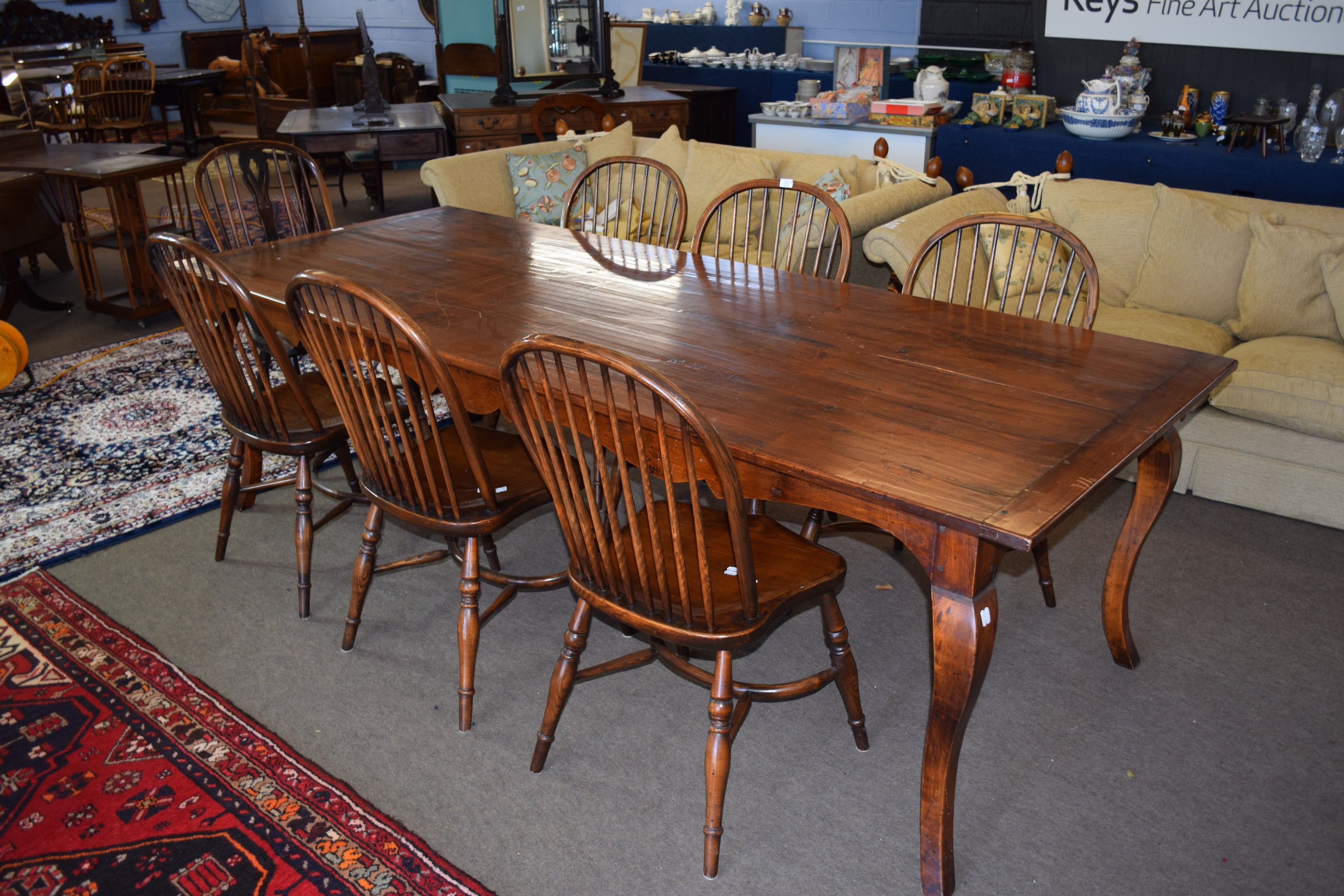 Large and impressive modern fruitwood dining table, by Eric Bates & Sons, & stickback Chairs